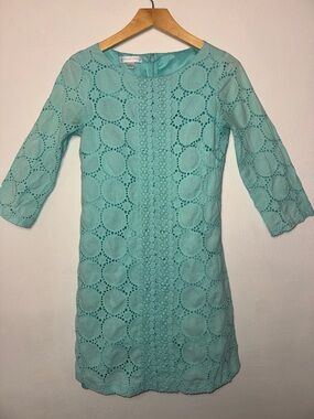 London Times Aqua Eyelet Shift Dress with Center Lace Panel